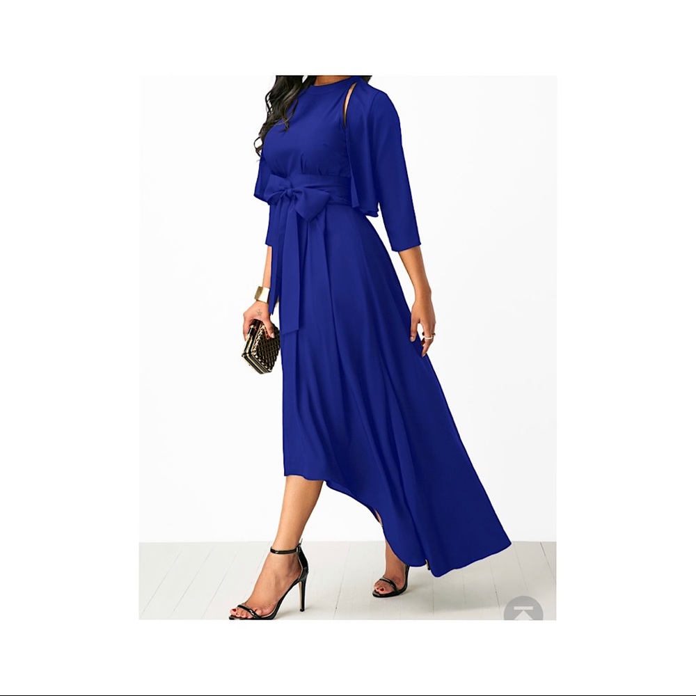 ROYAL BLUE CARDIGAN & BELTED ASYMMETRIC HEM DRESS